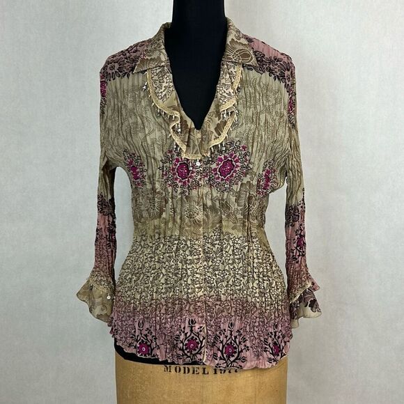 DressBarn Womens Semi-Sheer Button Front Shirt Sz Large Boho Y2K Fairy Stretchy - Picture 1 of 11